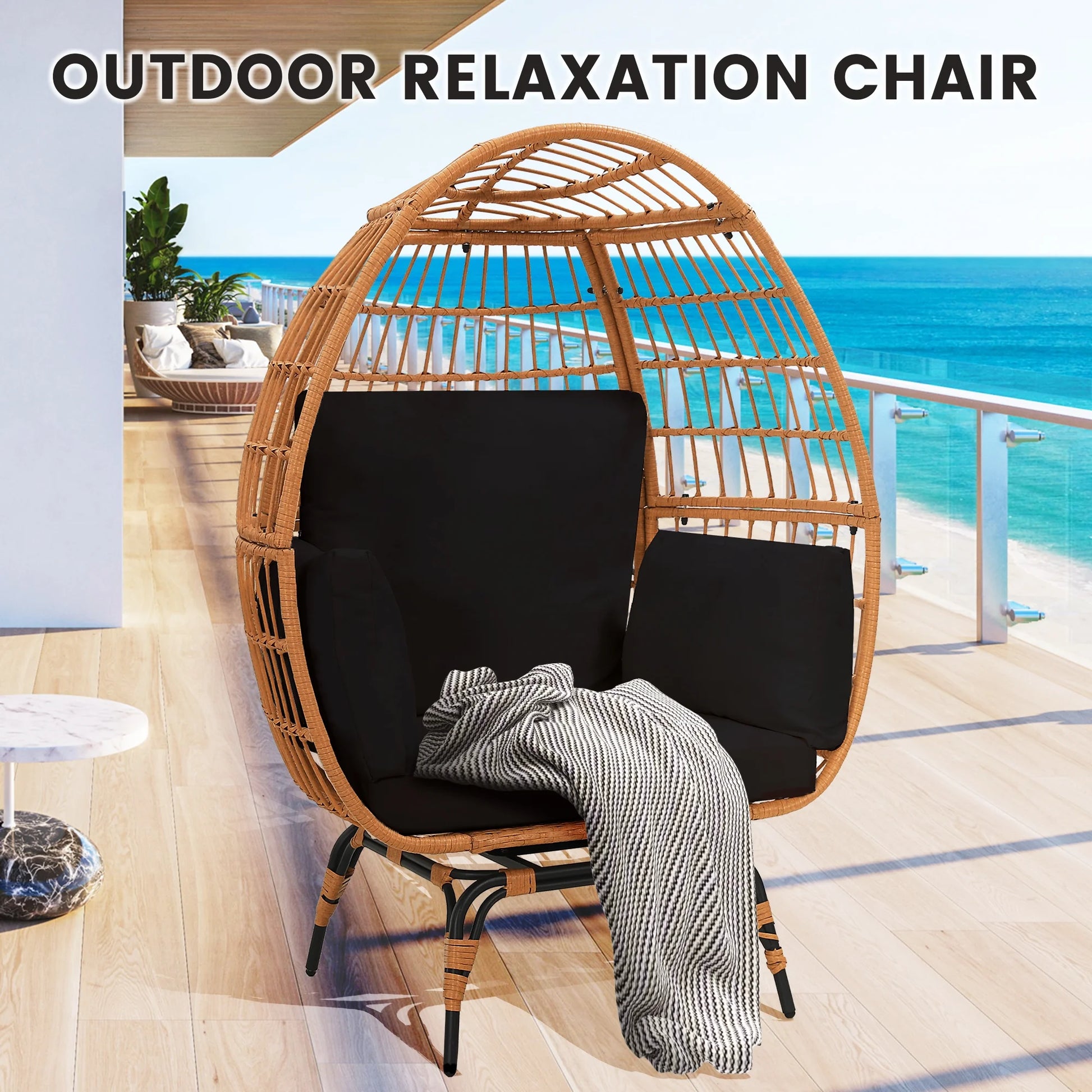 Skandiquip Oversized Rattan Adult Egg Chair, 360 Swivel, Outdoor Patio Chair with overstuffed Cushions, Indoor Large Wicker Egg Chair, Natural Rattan, Beige Cushion
