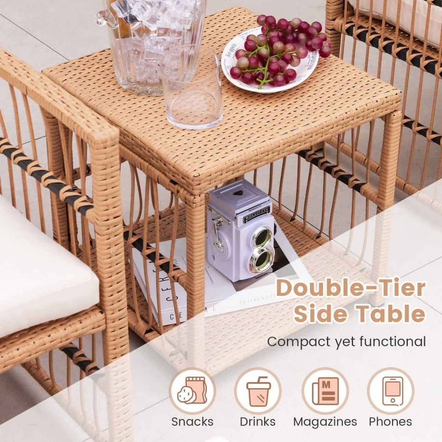 Resenkos 5 Piece Patio Wicker Sofa Set, Small Patio Conversation Furniture Set with Seat and Back Cushions-Natural