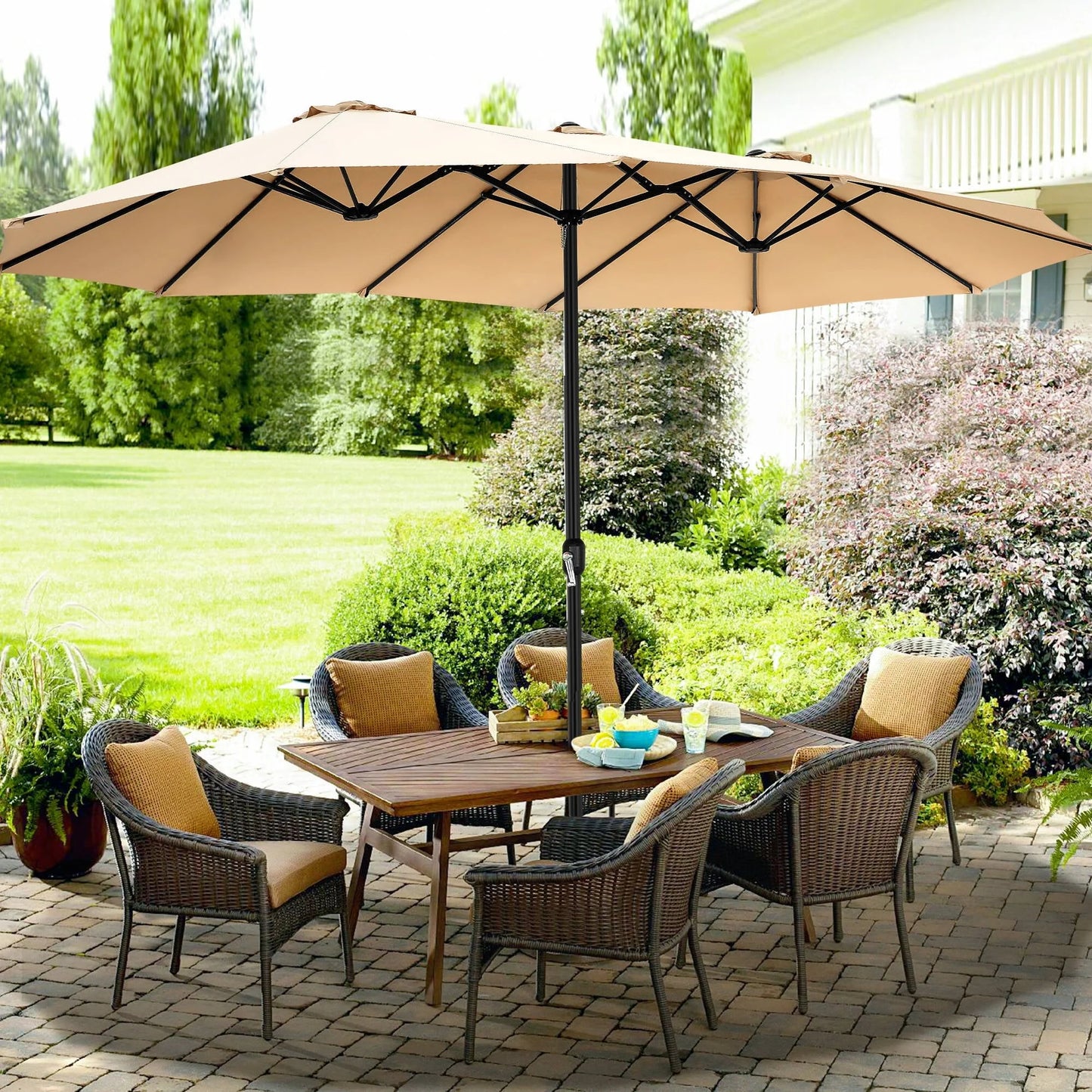 VIBESPARK 15ft Large Outdoor Umbrella Double-Sided Patio Umbrella with Base, Crank Handle, 12 Ribs Rectangular Umbrella for Patio Graden Poolside (Beige)