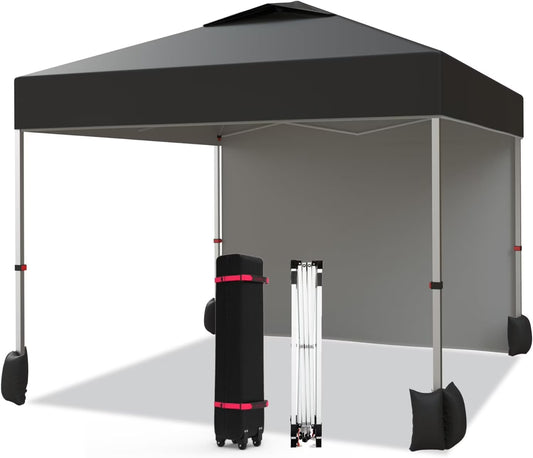 10x10ft Pop Up Canopy Tent with 1 Sidewall, Portable Instant Commercial Canopy Patio Tent with Vented Top Roller Bag 4 Sandbags 4 Ropes and 8 Tent Stakes