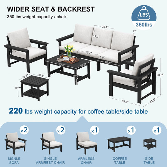 SERWALL Outdoor Patio Furniture Set, 7-Piece HDPE Outdoor Sofa Set Patio Conversation Set, Black Frame with Beige Cushions
