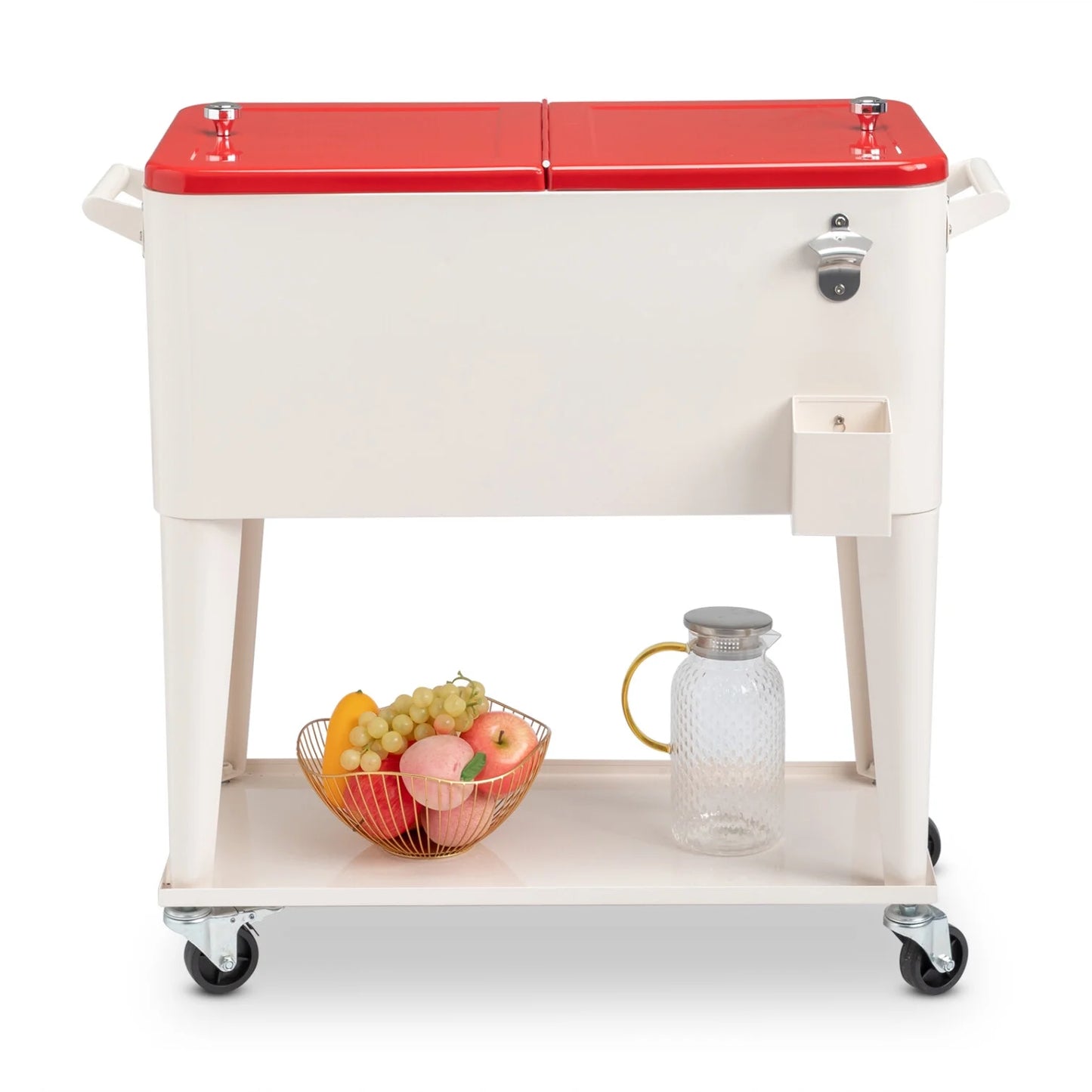 80 QT Rectangular Rolling Cooler Cart with Wheels, Portable Ice Chest with Bottle Opener and Storage Shelf, Outdoor Beverage Cart Ice Chest Cart for Patio Party, Picnic, BBQ, Camping, Red &White