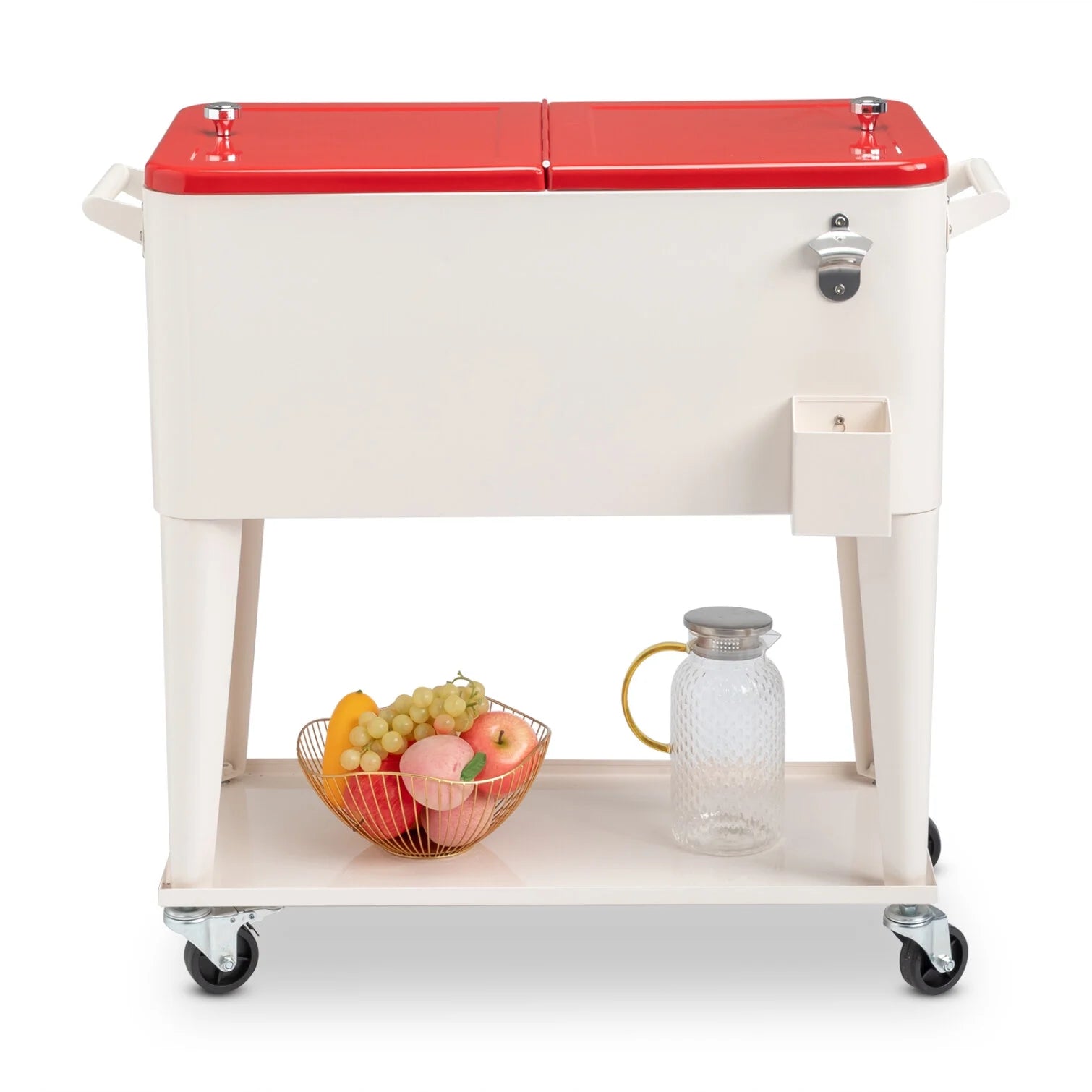 80 QT Rectangular Rolling Cooler Cart with Wheels, Portable Ice Chest with Bottle Opener and Storage Shelf, Outdoor Beverage Cart Ice Chest Cart for Patio Party, Picnic, BBQ, Camping, Red &White