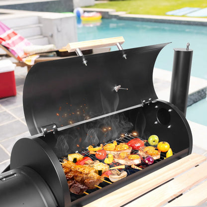 Charcoal Grill and Offset Smoker, Outdoor Patio Barbecue Cooker with Wheels, Portable Backyard BBQ Oven with Side Fire Box for Camping, Picnic, Party