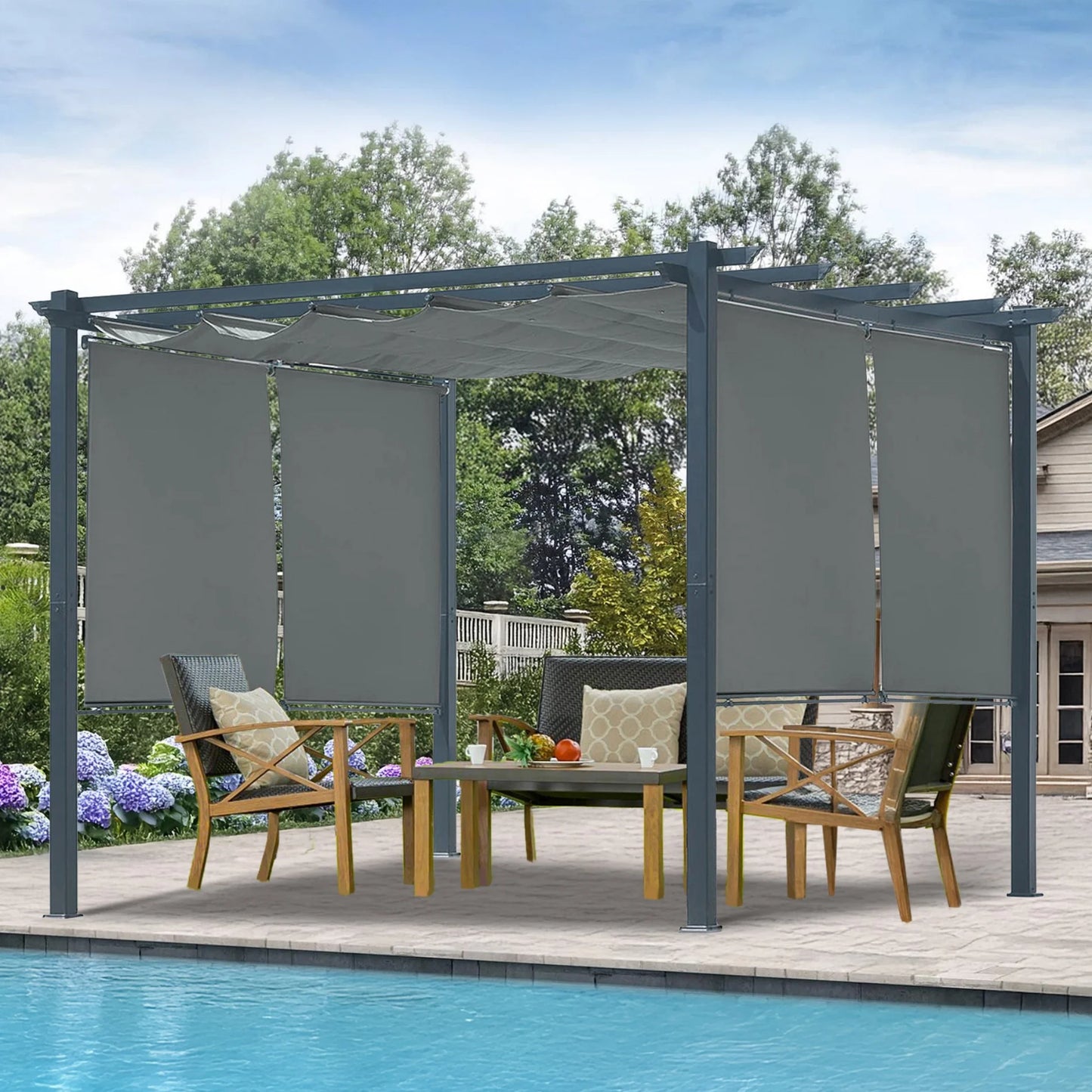 BPS 10'x10' Outdoor Retractable Pergola with Sun Shade Canopy & Curtains, Patio Aluminum Pergola Gazebos for Backyard Deck Garden, Dark Gray