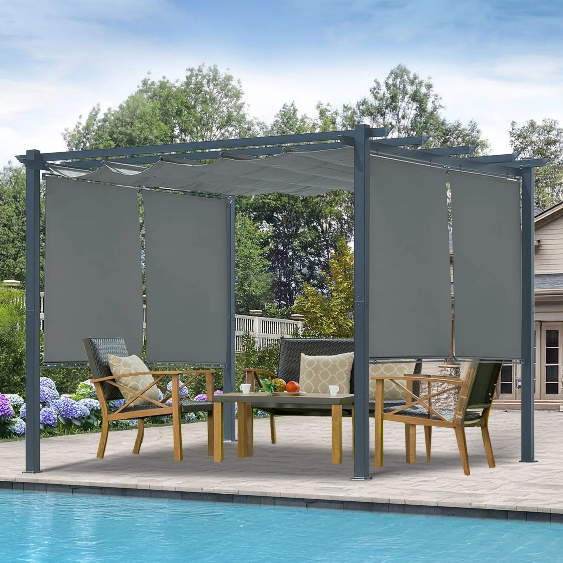 BPS 10'x10' Outdoor Retractable Pergola with Sun Shade Canopy & Curtains, Patio Aluminum Pergola Gazebos for Backyard Deck Garden, Dark Gray