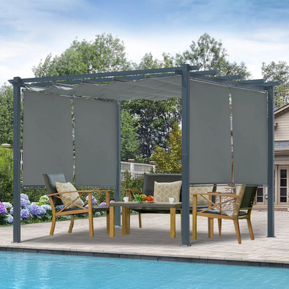 BPS 10'x10' Outdoor Retractable Pergola with Sun Shade Canopy & Curtains, Patio Aluminum Pergola Gazebos for Backyard Deck Garden, Dark Gray
