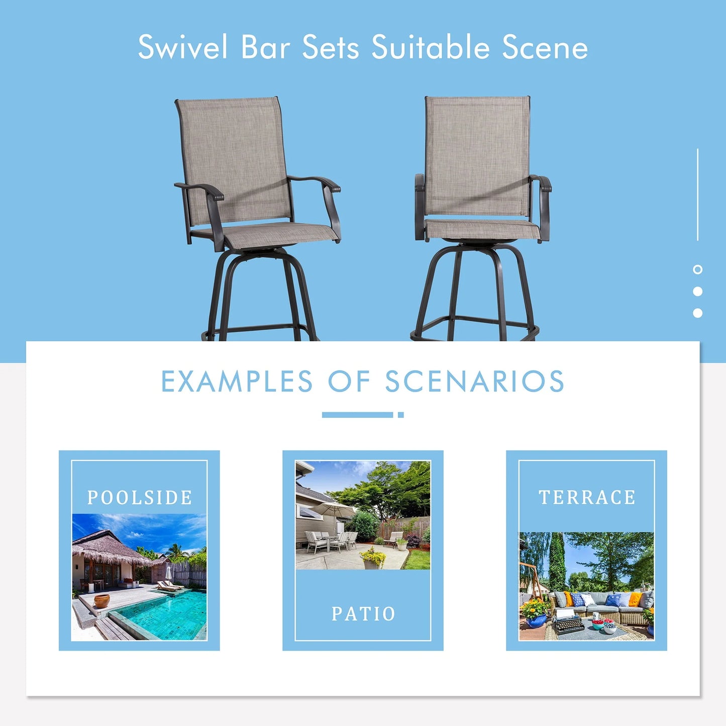 Sobaniilo Outdoor Swivel Bar Stools, All Weather Textile Patio Chairs set of 2, for Backyard, Lawn Garden, Balcony, Gray, Fabric, Steel
