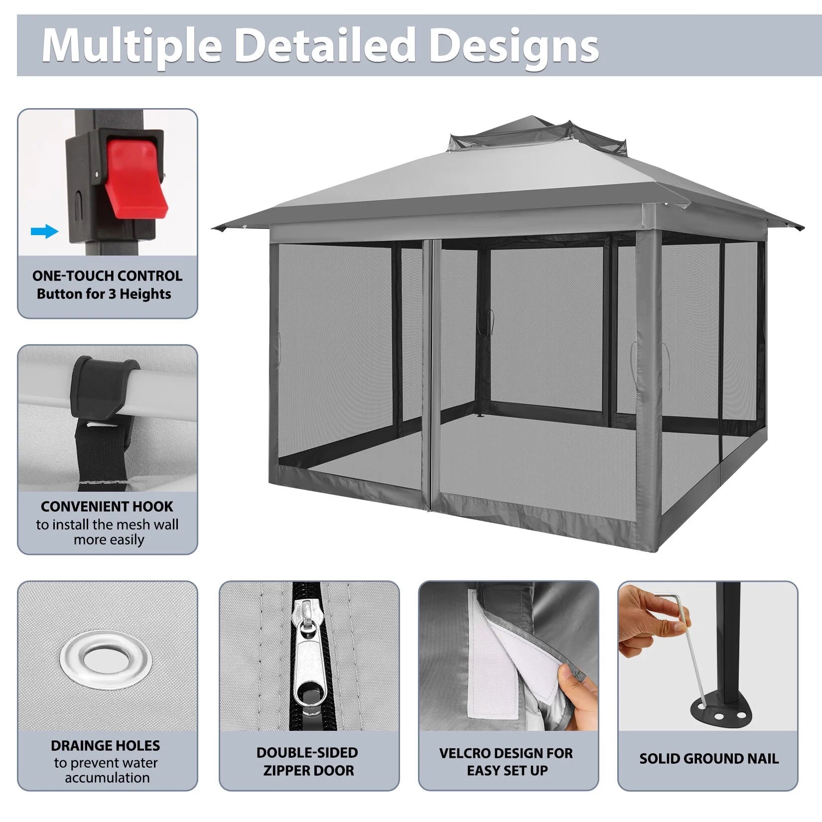 COBIZI 11x11 Pop up Gazebo Outdoor Canopy Gazebo Patio Gazebo with Mosquito Netting Canopy Shelter with 121 Square feet of Shade for Poolside, Garden, Party and Backyard, Gray