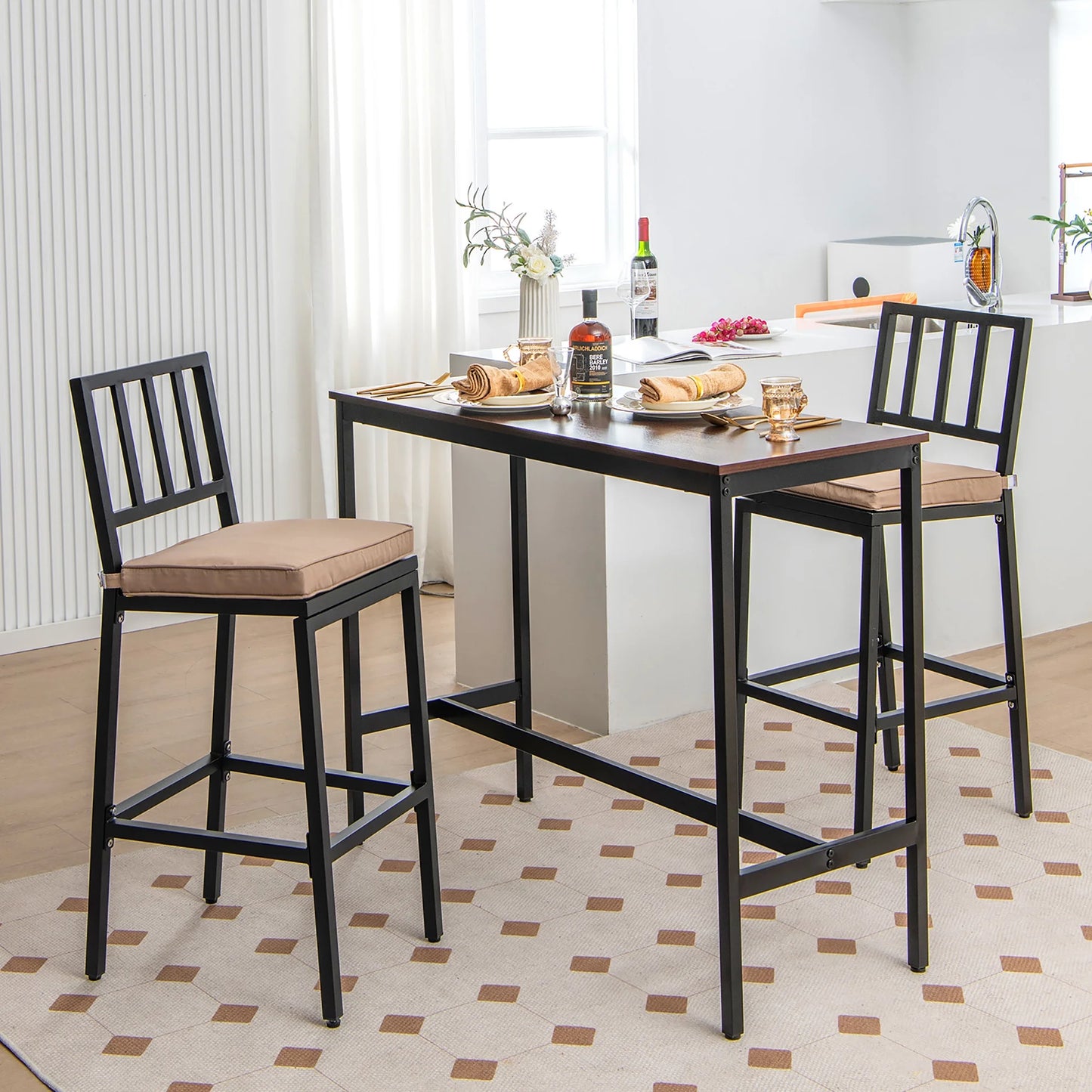 Costway Set of 2 Patio Metal Bar Stools Outdoor Bar Height Dining Chairs with Cushion
