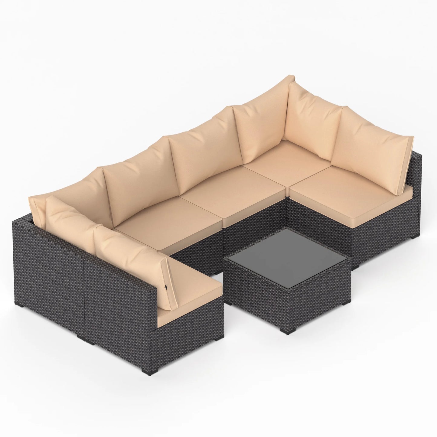Phonjoroo Patio Furniture Set 7 Pieces Outdoor Patio Furniture Wicker Sectional Furniture Sofa Conversation Sets with Cushions All Weather Outside Patio Seating (Khaki)