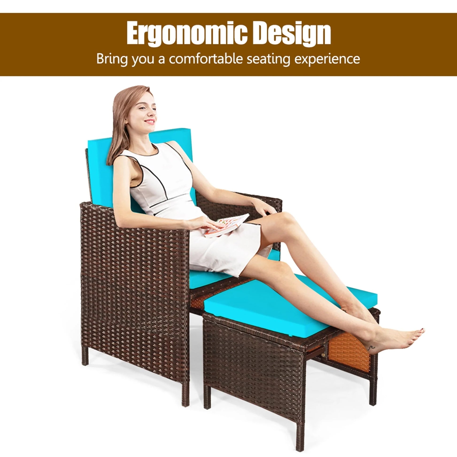 Gymax 9PCS Rattan Wicker Patio Dining Set Outdoor Furniture Set w/Turquoise Cushion