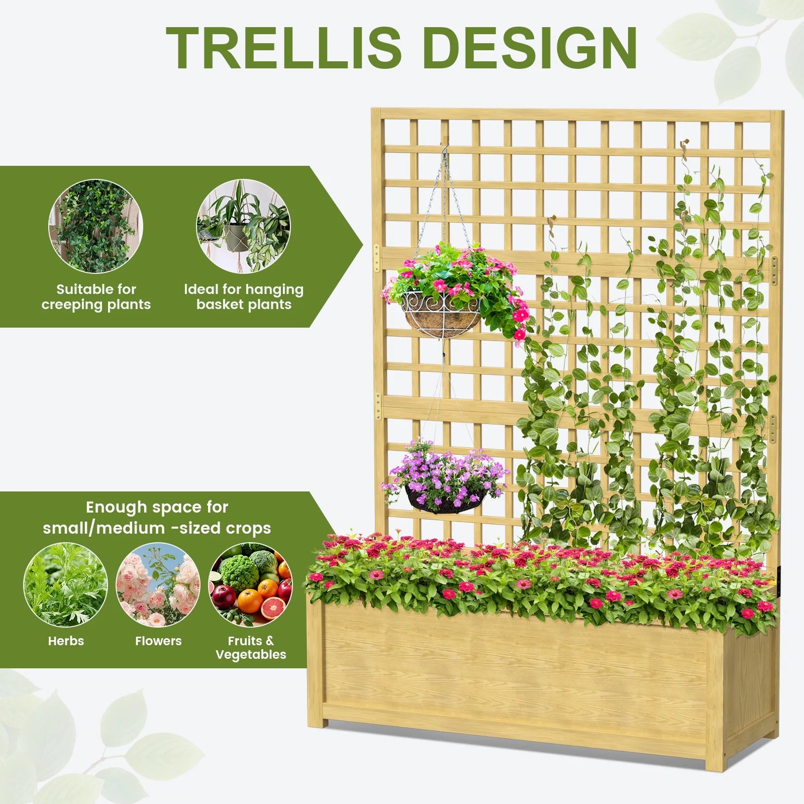 Slsy 63" Screen Raised Garden Bed, Wooden Planter Box with Hanging Roof & Drainage Holes, Indoor Outdoor Elevated Planter for Vine, Climbing Plants, Flowers, Patio & Garden