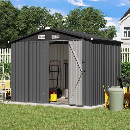 Outdoor Storage Shed, 8'x6' Galvanized Metal Steel Weather Resistant Garden Shed for Bike, Garbage Can, Lawnmower, Tool Storage Shed W/Lock, for Backyard Patio Lawn, Black