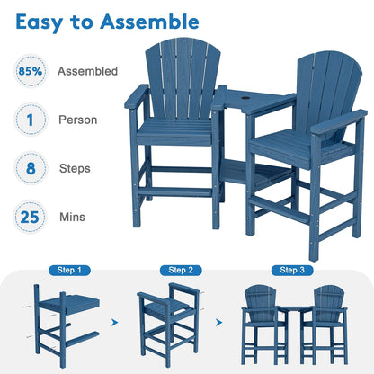 JUSTLET Tall Adirondack Chair Set of 2 with Double Connecting Tray, HDPE Outdoor Weather Resistant Patio Bar Stools, Navy Blue