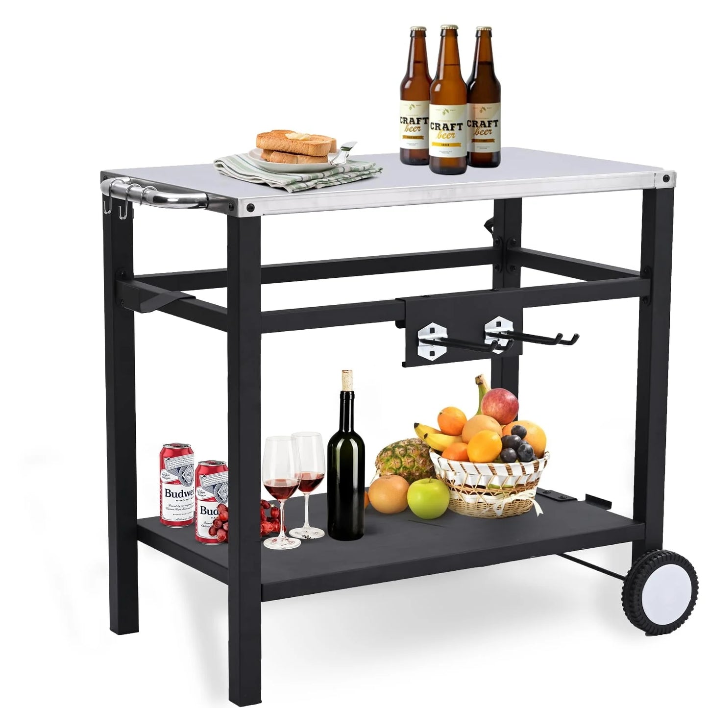Outdoor Grill Cart Pizza Oven Stand, Stainless Steel Flattop Grill Cart, BBQ Prep Table with Wheels & Hooks, Side Handle, Tabletop Griddle Cooking Station for Bar, Patio, Camping, Home
