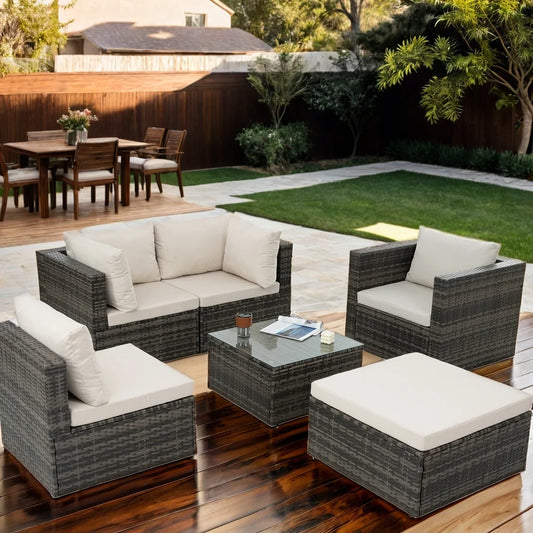 Highsound 6 Piece Patio Furniture Sets, All Weather PE Wicker Rattan Outdoor Sectional Sofa Conversation Couch with Glass Table, Cushions and Ottoman, for Lawn, Garden, Backyard, Beige