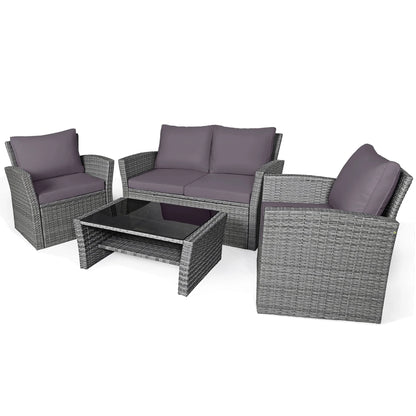 Gymax 4PCS Patio Rattan Conversation Set Outdoor Furniture Set w/Grey Cushions