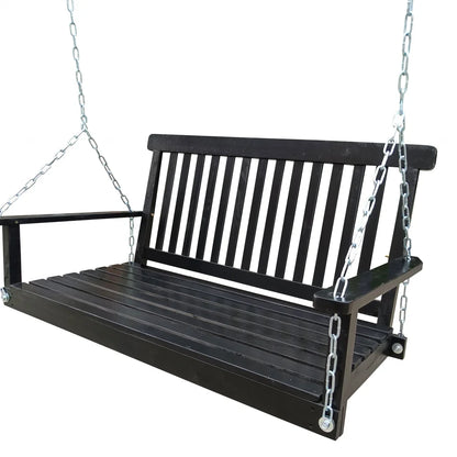 Front Porch Swing with Armrests,Wood Swing Bench with Hanging Chains for Outdoor Patio Garden Yard,800 LBS Weight Capacity,Easy to Assemble,Black