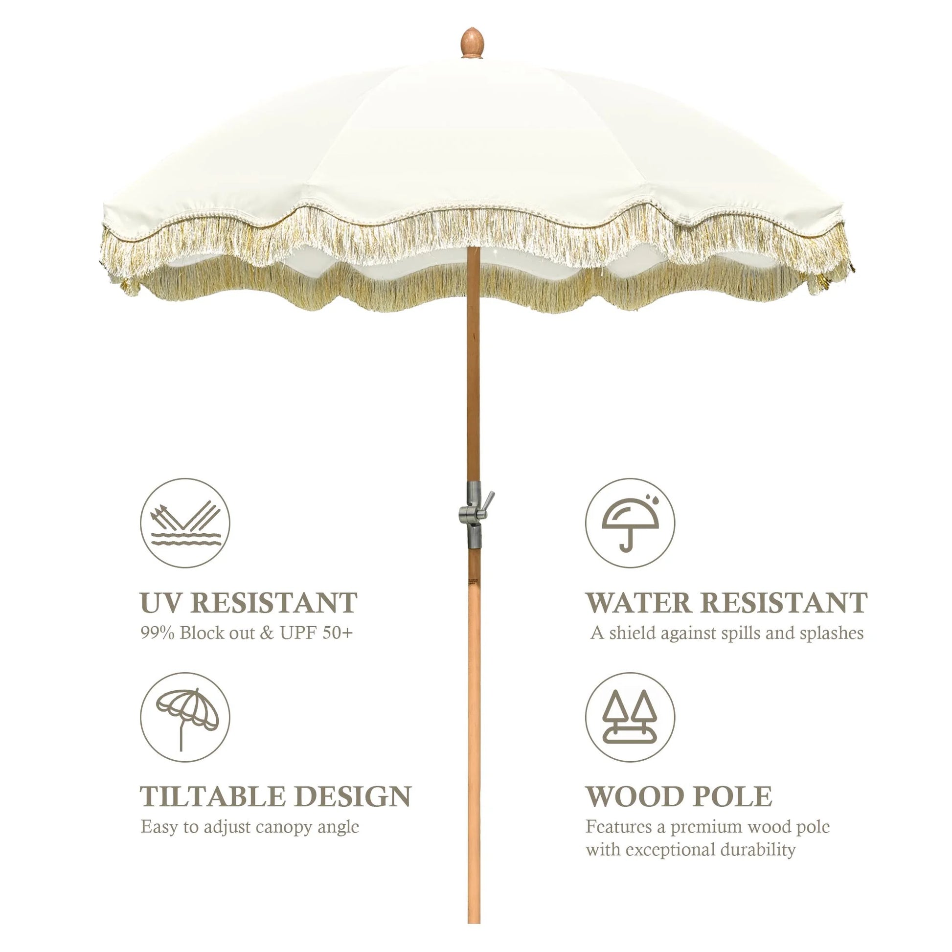 LAGarden 6 Ft Fringe Patio Umbrella with Tassel Jazz Age Wood UPF50+ for Outdoor, Beige with gold tassel,Model: JZ6-01