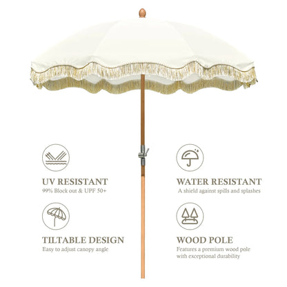 LAGarden 6 Ft Fringe Patio Umbrella with Tassel Jazz Age Wood UPF50+ for Outdoor, Beige with gold tassel,Model: JZ6-01