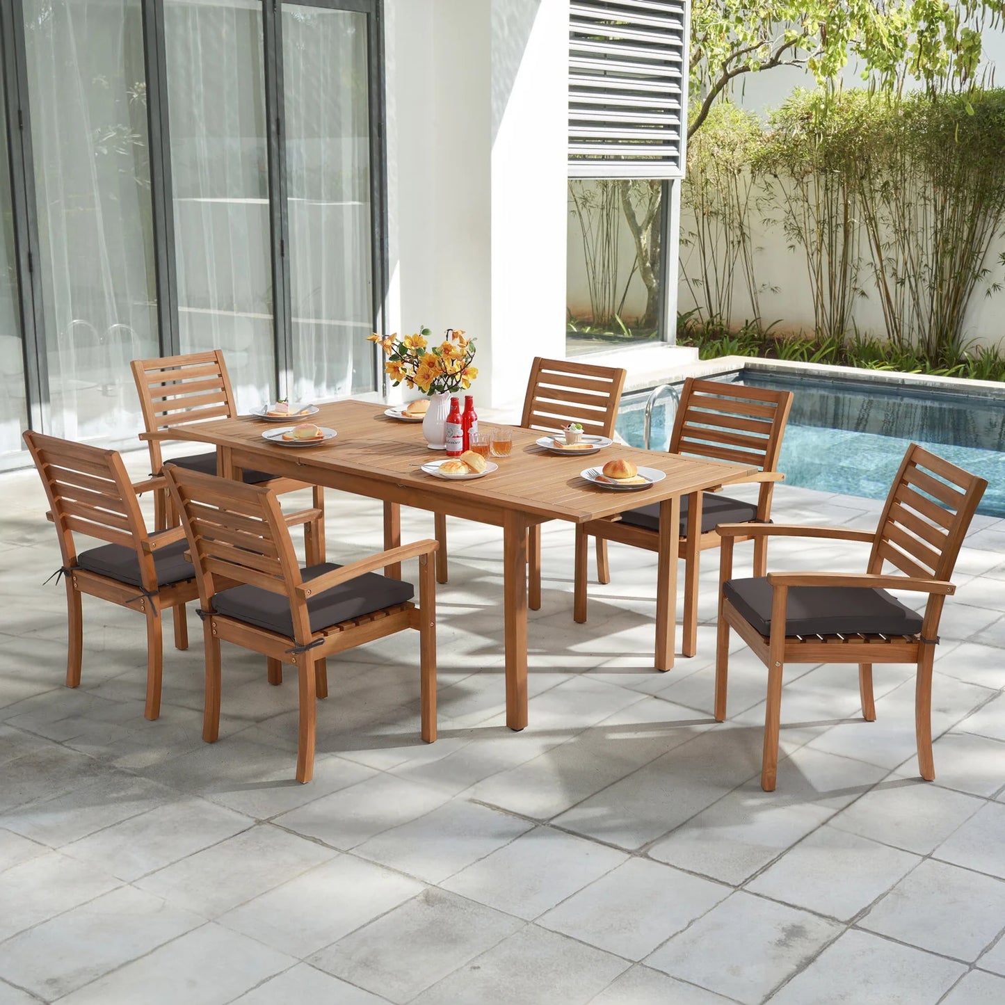 7 Piece Patio Dining Set, Outdoor Acacia Wood Furniture Set, Extendable Rectangular Table and 6 Stackable chairs w/Removeable Fabric Cushion, FSC Certified, for Deck Garden Backyard