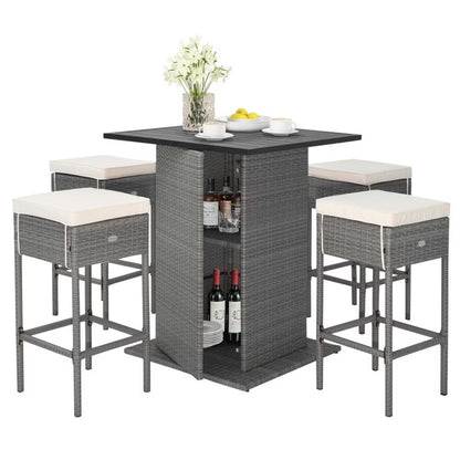 Spaco 5 Pieces Outdoor Wicker Bar Table Set of A Bar Table and 4 Cushioned Bar Stools, Table Set with Hidden Storage Shelves, Bar Table Set for Outdoor as Garden, Patio, White