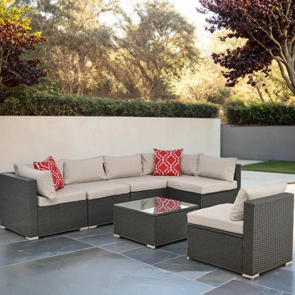 HighSound 7 Piece Patio Furniture Set, Outdoor Wicker Patio Sectional Sofa, All Weather PE Rattan Outdoor Sectional with Cushion & Coffee Table, Khaki